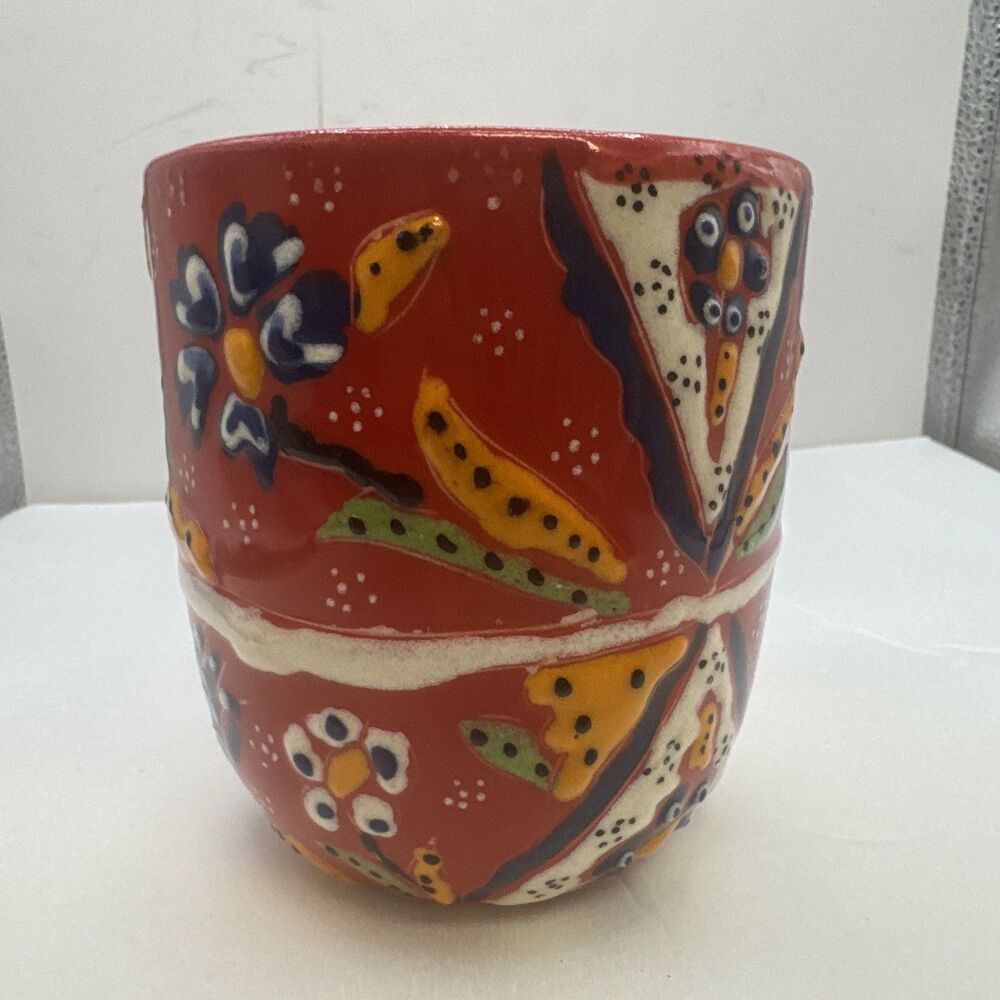 Multicolor Turkish Ceramic Coffee Tea Mug Raised Paint. Beautiful Red - Picture 8 of 10